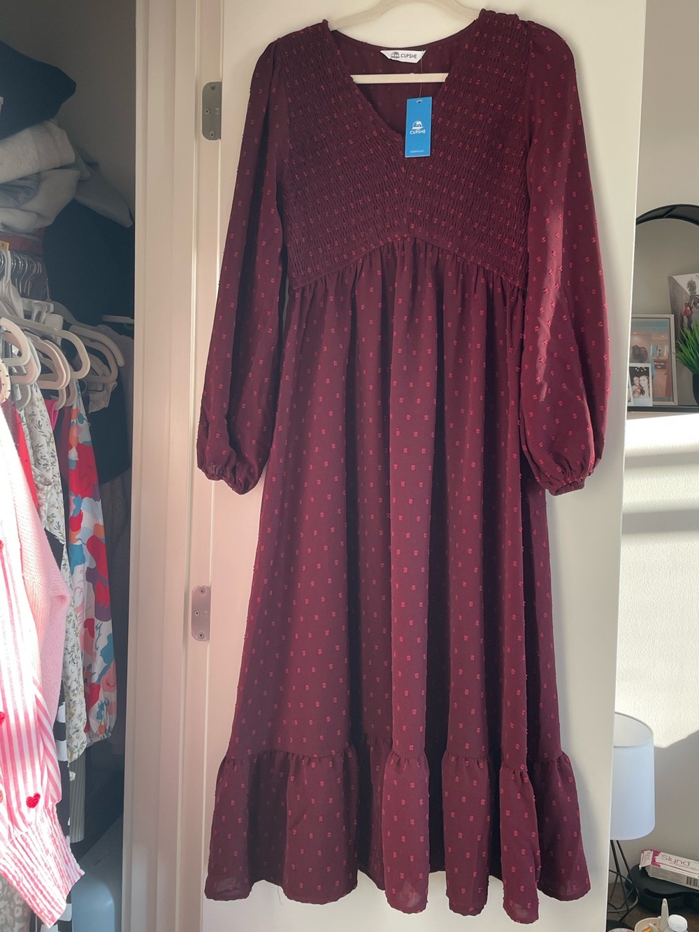 NWT Cupshe Burgundy Long-Sleeve Smocked Midi Dress